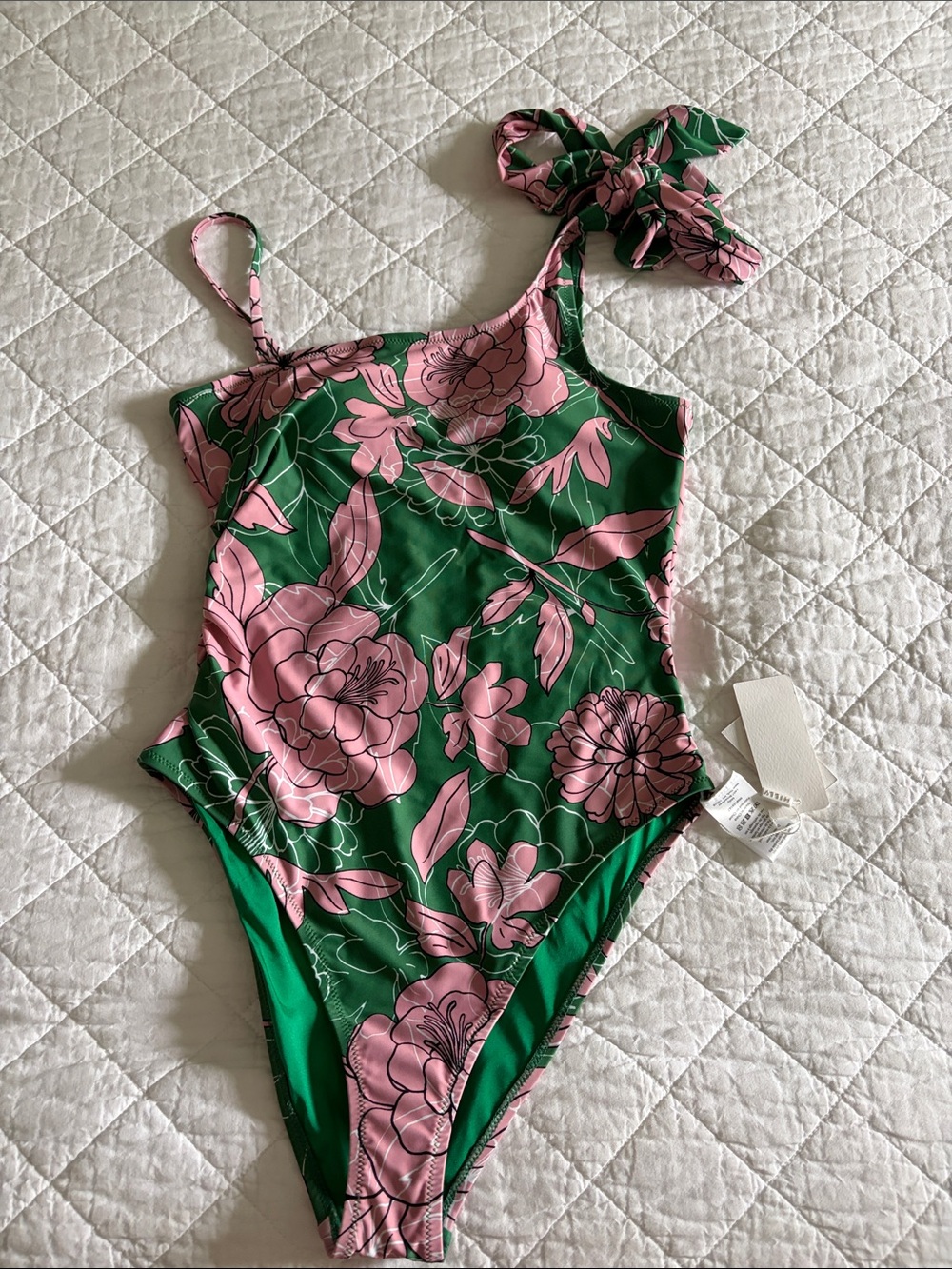 Milly Green & Pink Floral One-Shoulder Bow One-Piece Swimsuit